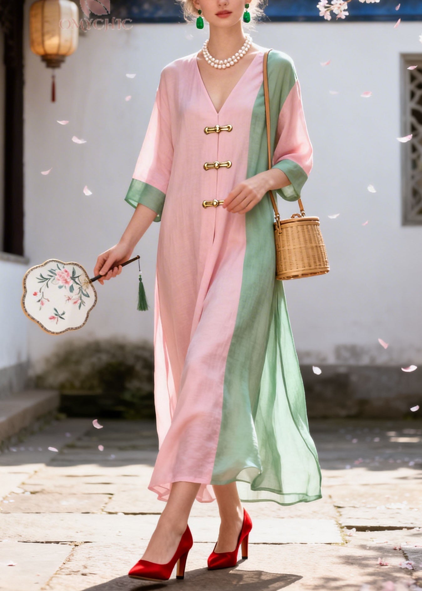 Plus Size Colorblock V Neck Patchwork Cotton Dress Summer