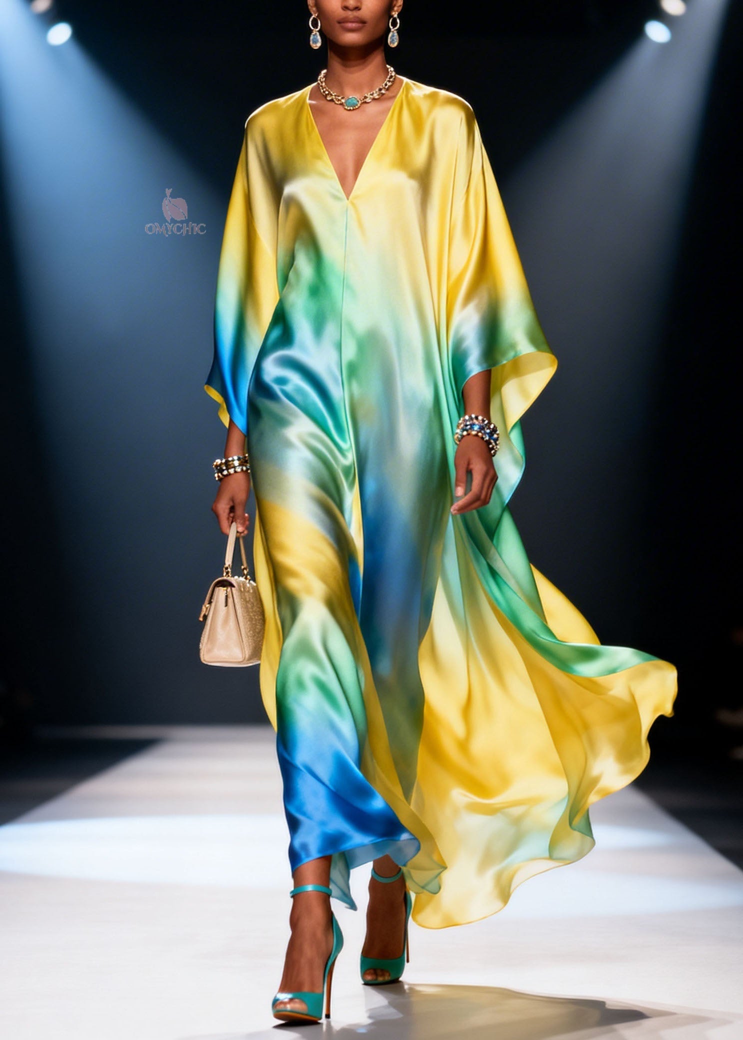 Plus Size Gradient Color V Neck Chiffon Vacation Dresses Spring