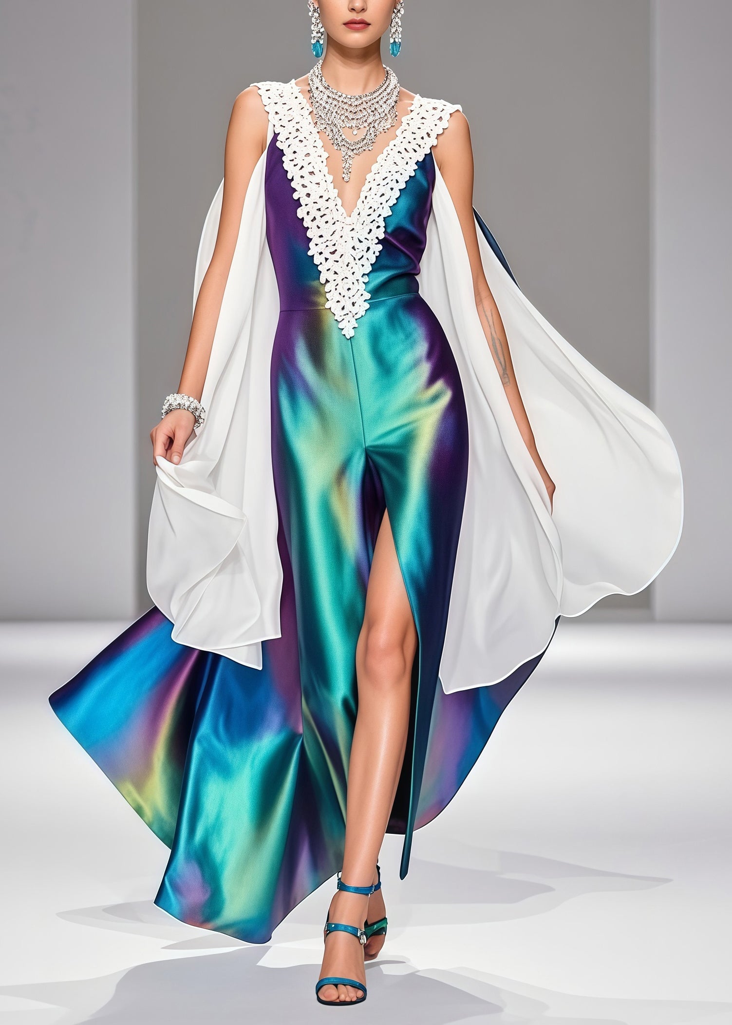 Plus Size Gradient Color V Neck Patchwork Silk Vestidos Dress Sleeveless