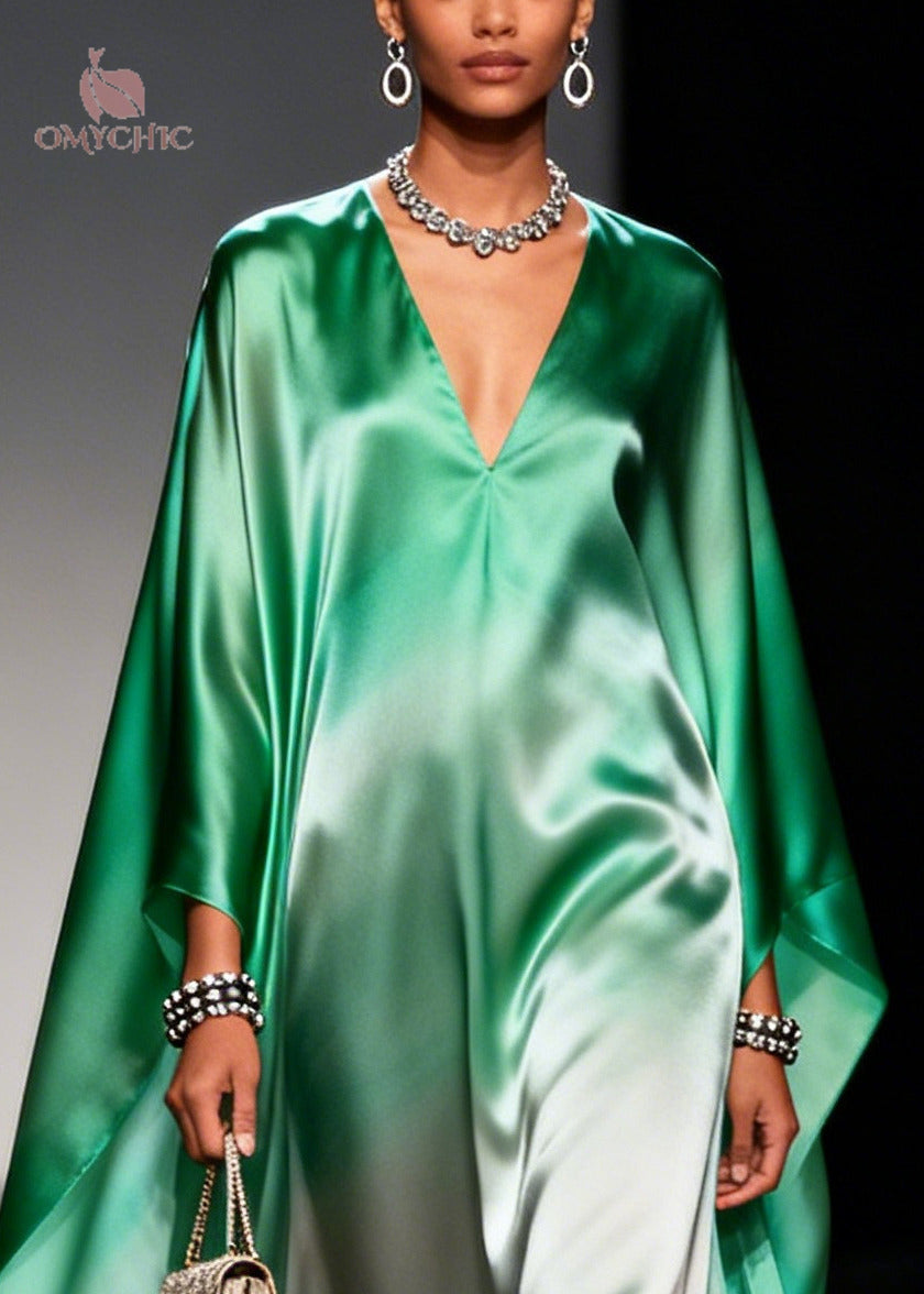 Plus Size Gradient Green Oversized Chiffon Maxi Dress Batwing Sleeve