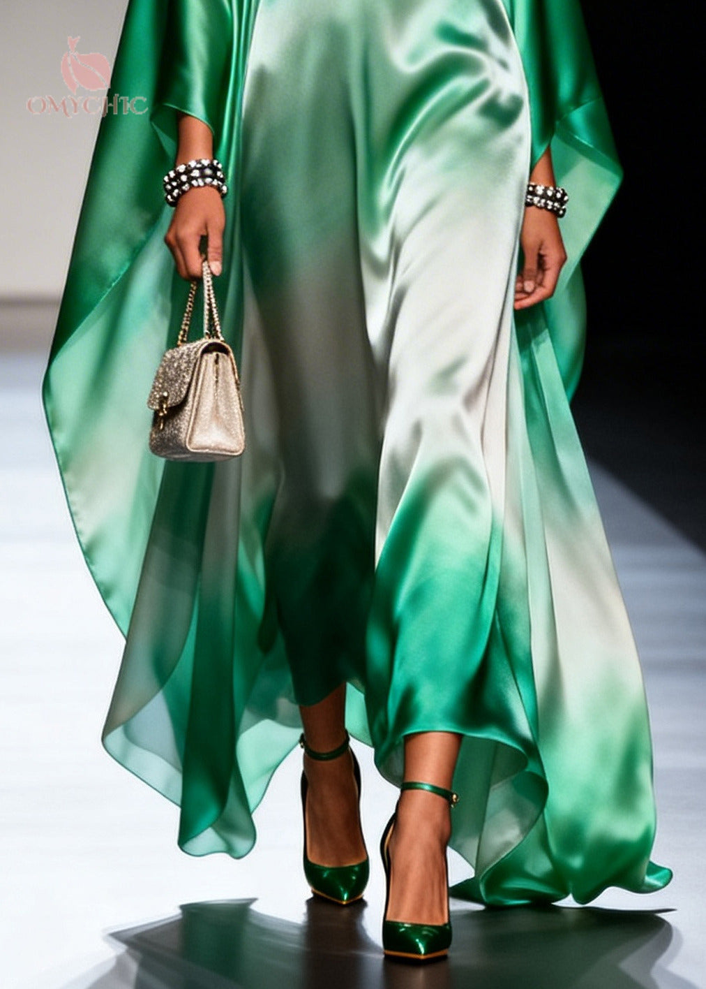 Plus Size Gradient Green Oversized Chiffon Maxi Dress Batwing Sleeve