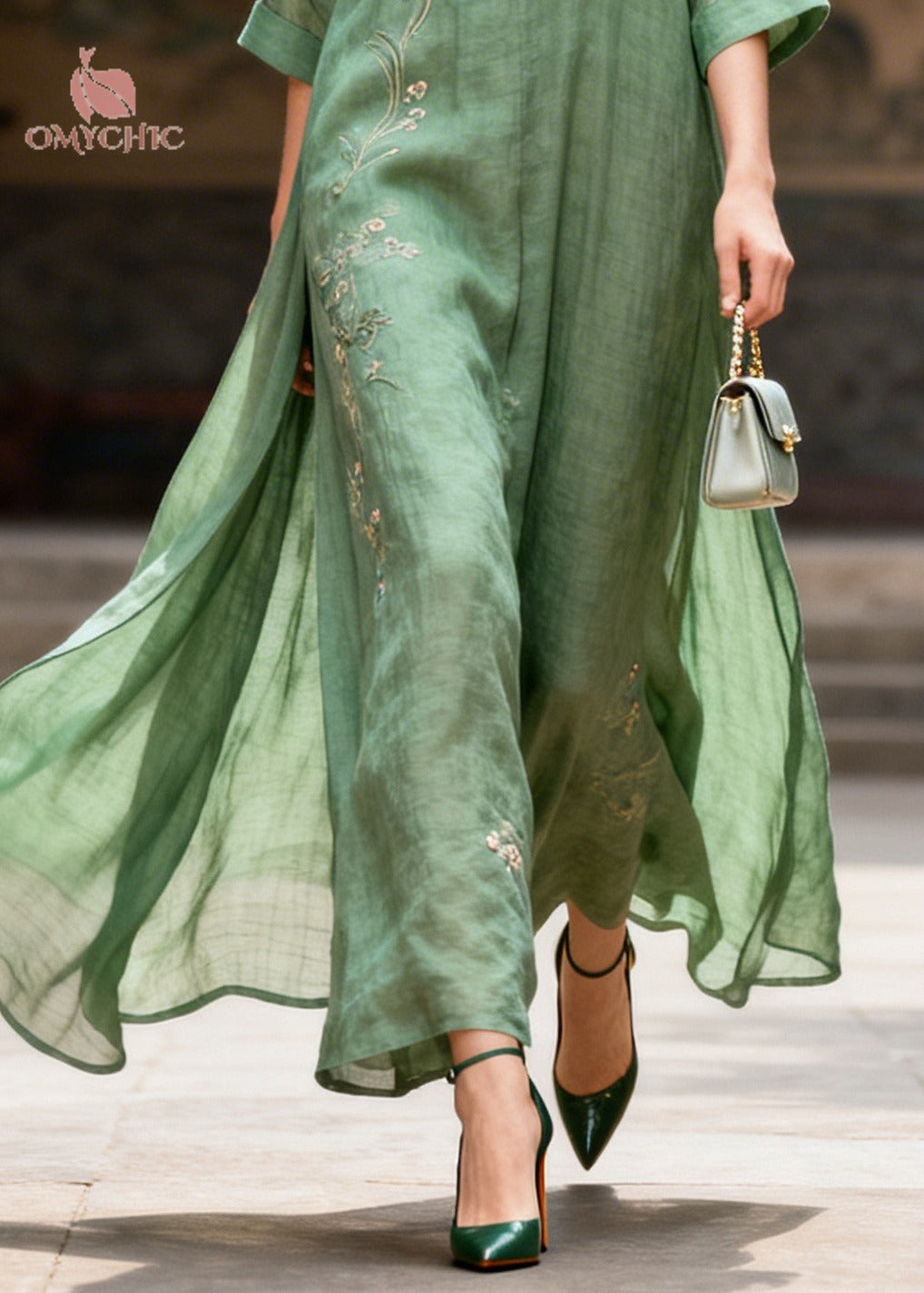 Plus Size Green Embroidered Chinese Button Cotton Maxi Dresses Summer