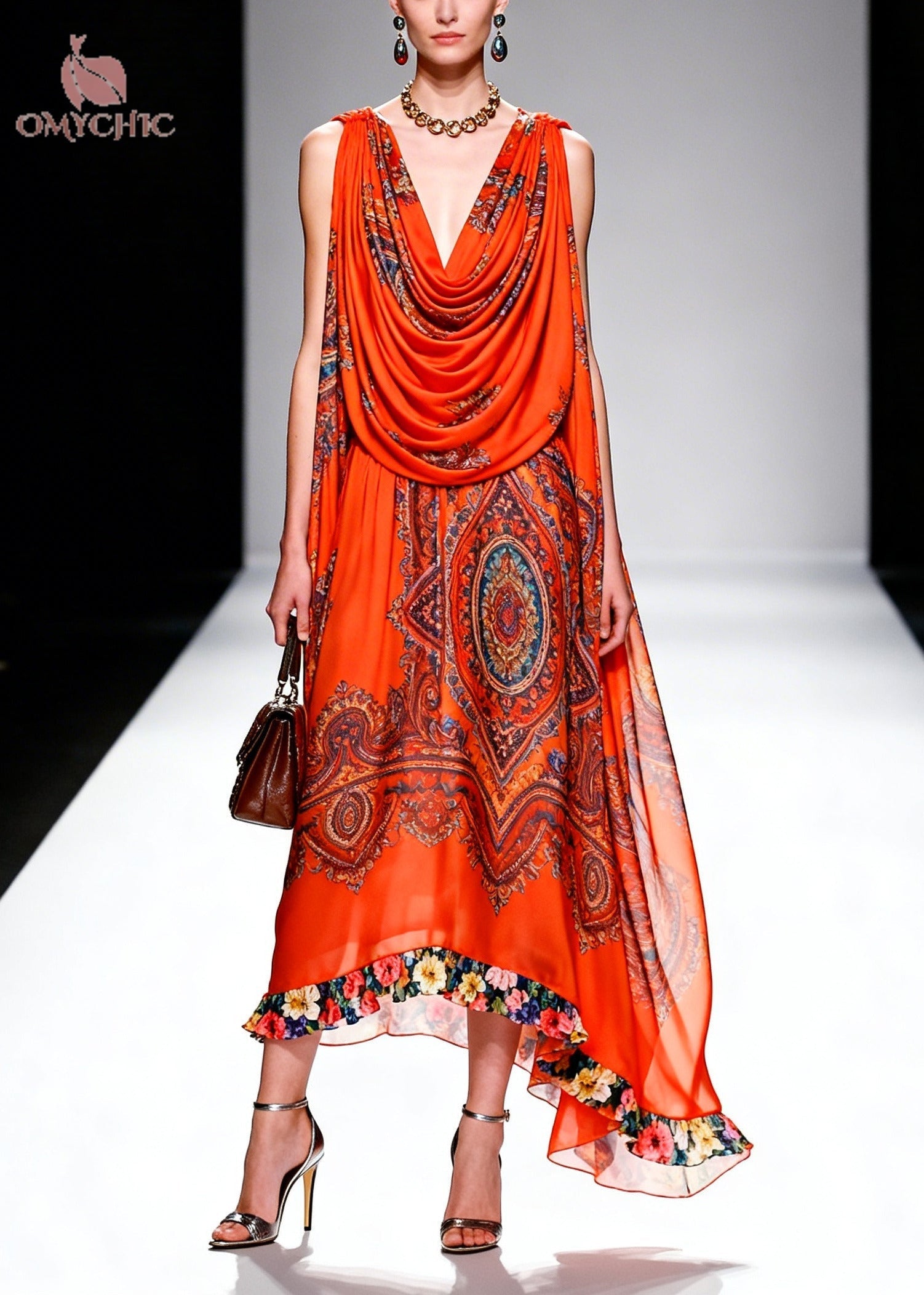 plus size orange summer dresses SHEIN Lady Women's Plus Size Orange Summer Tropical Holiday Elegant Pleated Maxi Dress, Stand Collar Flounce A Line Boho Beach Party Wedding Guest Dress