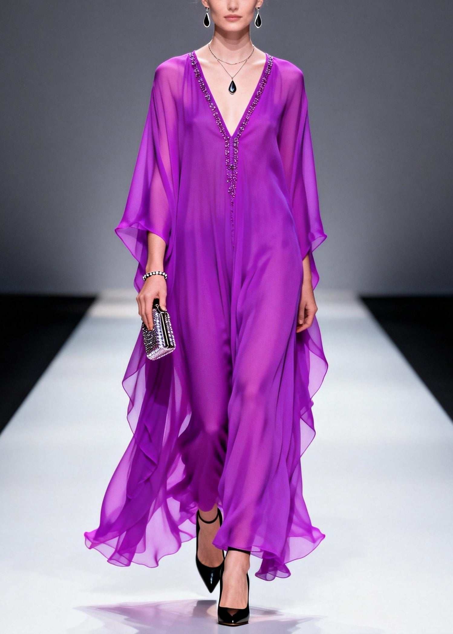 Plus Size Purple V Neck Zircon Draping Chiffon Dresses Summer