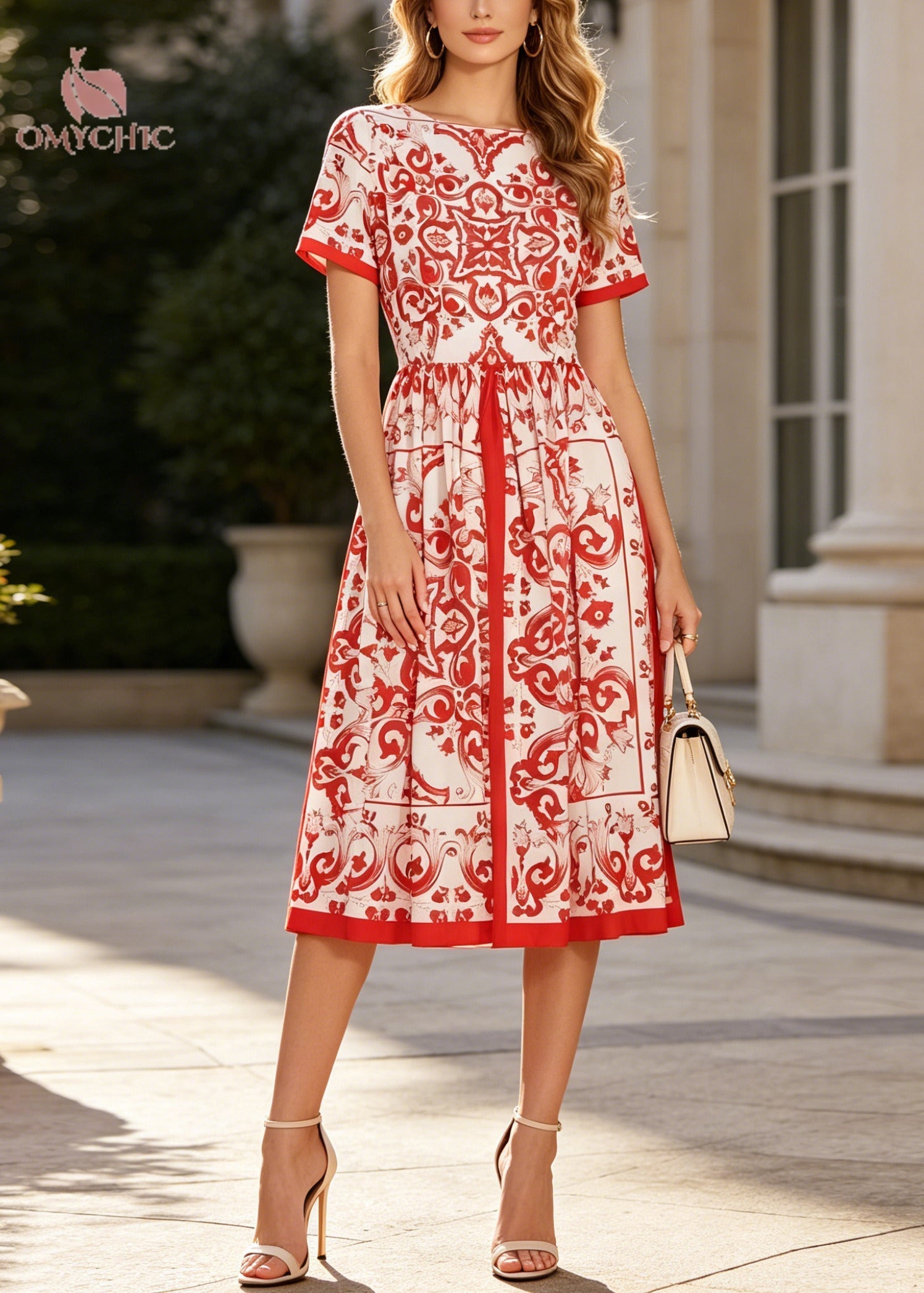 Plus Size Red Print Exra Large Hem Cotton Tea Dresses Summer