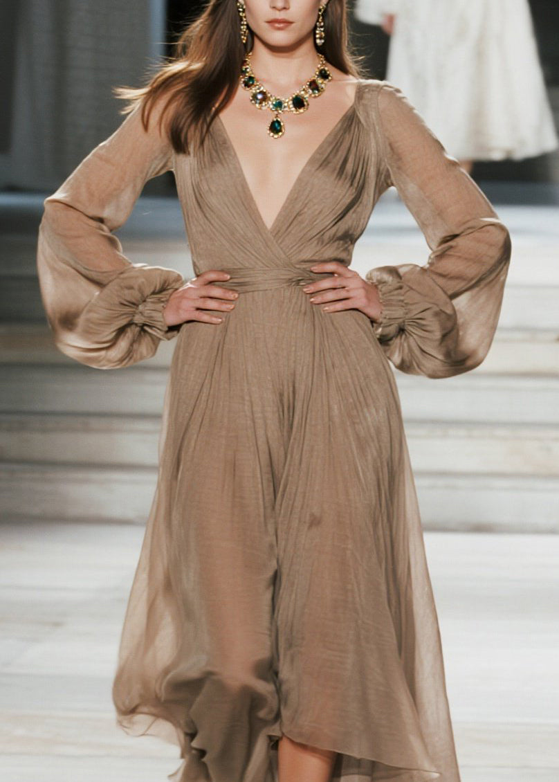 Plus Size V Neck Wrinkled Patchwork Cotton Maxi Dresses Fall