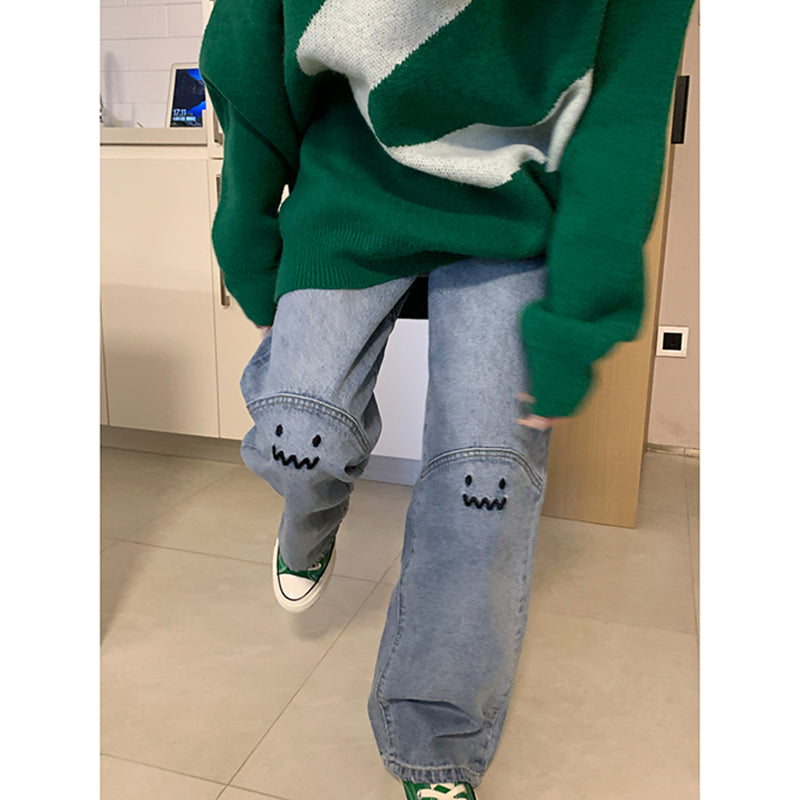 Cute Emoji Face Wide Leg Personalized Jeans