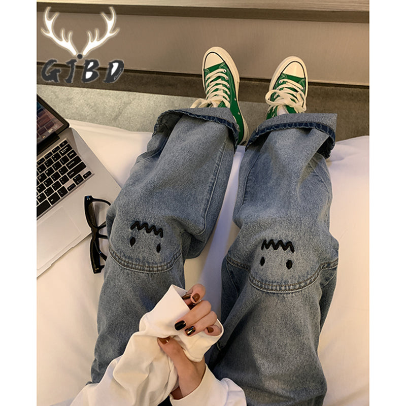 Cute Emoji Face Wide Leg Personalized Jeans
