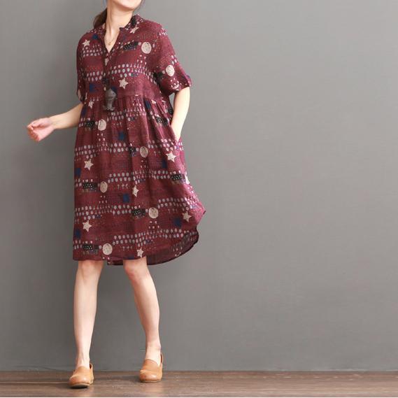 Plus size print summer dress loose fit shift dresses burgundy