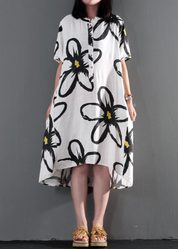 Plus Size Sundress White Linen Summer Maxi Dress Floral Shift Dresses