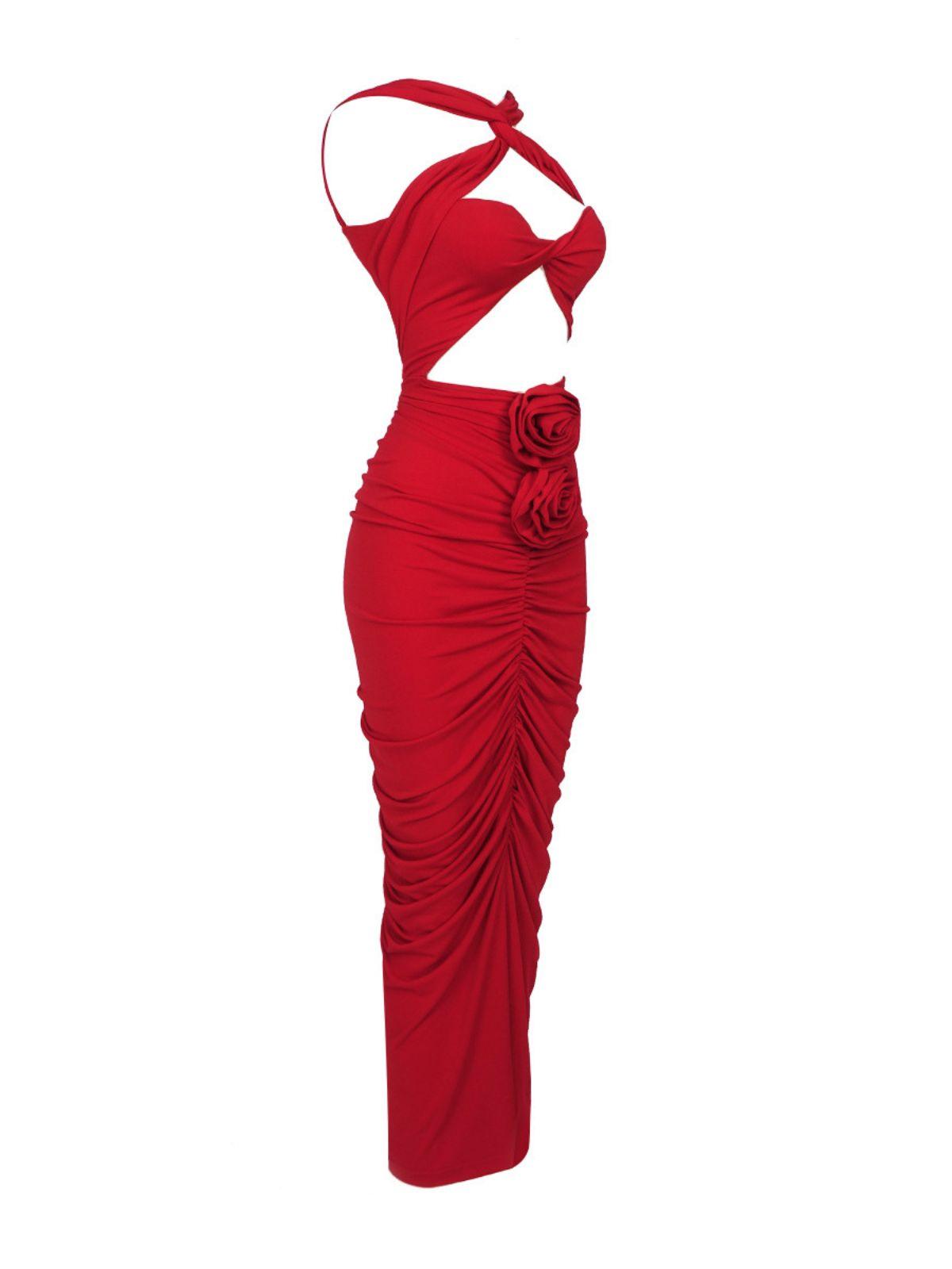Halter Strap Cutout Rose Applique Ruched Bodycon Maxi Dress