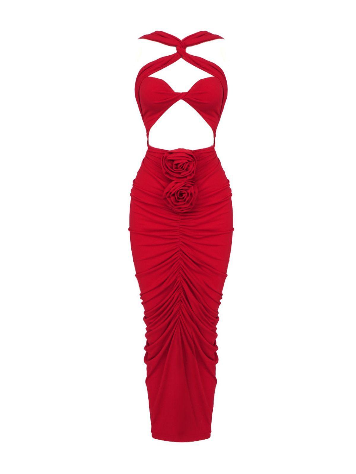 Rose Bodycon Maxi Dress In Red
