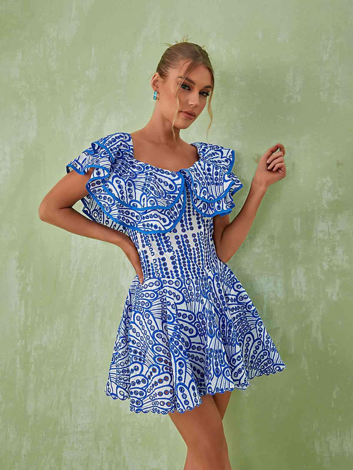Off-Shoulder Ruffle Embroidered Eyelet Fit and Flare Mini Dress