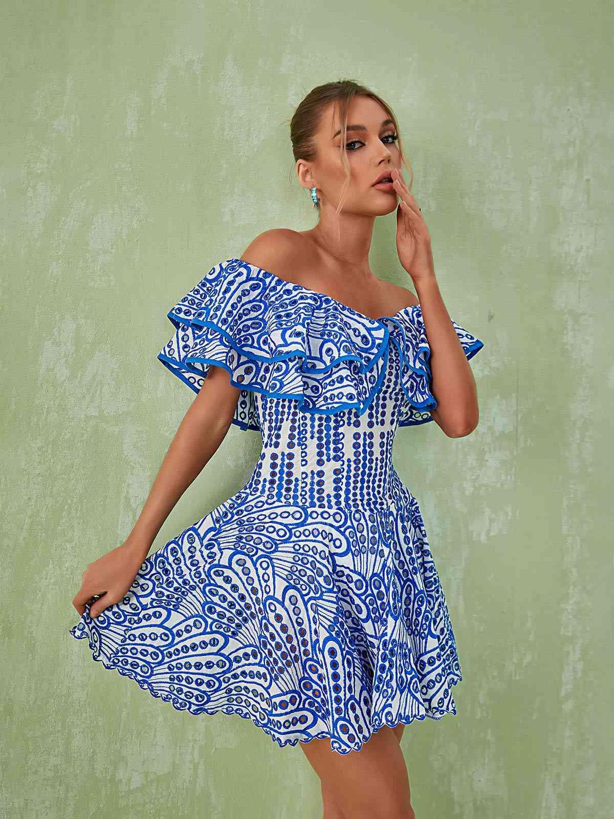 Off-Shoulder Ruffle Embroidered Eyelet Fit and Flare Mini Dress