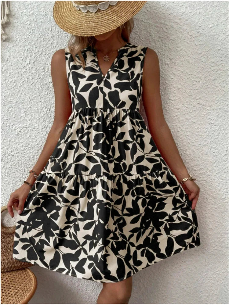 Print Women V Neck Chic Elegant Woman Beach Kneelength Midi Dresses