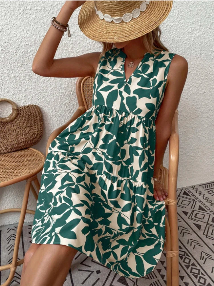 Print Women V Neck Chic Elegant Woman Beach Kneelength Midi Dresses