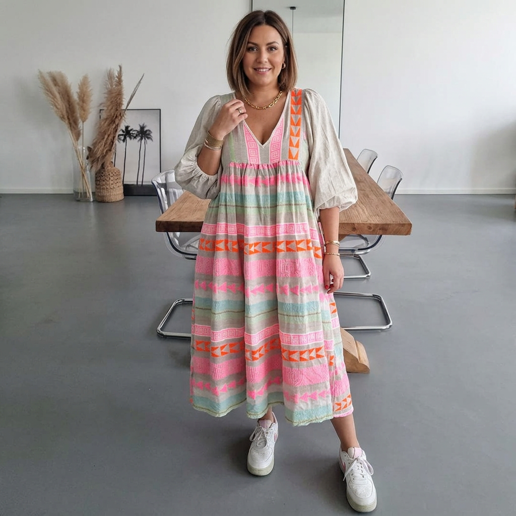 V-Neck Balloon Sleeve Geometric Stripe Boho Tiered Maxi Dress 2
