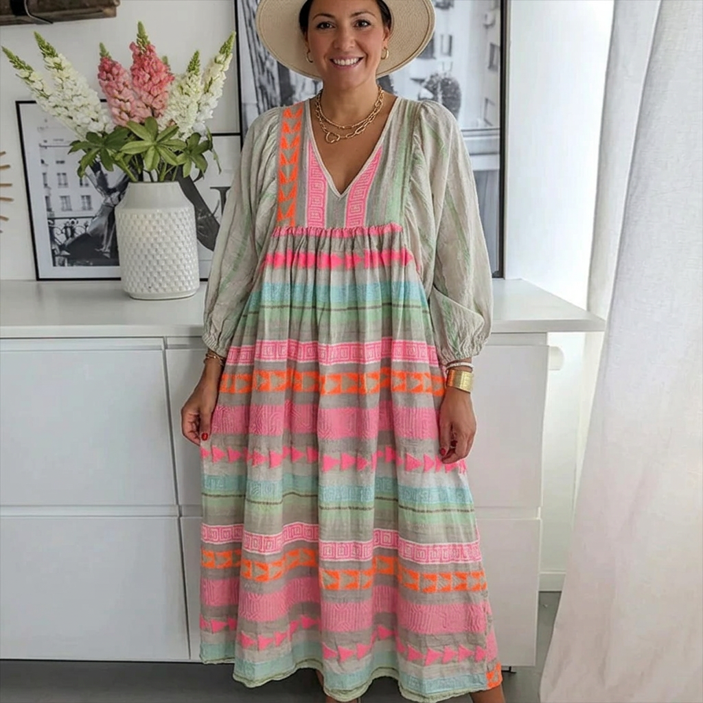 V-Neck Balloon Sleeve Geometric Stripe Boho Tiered Maxi Dress 3