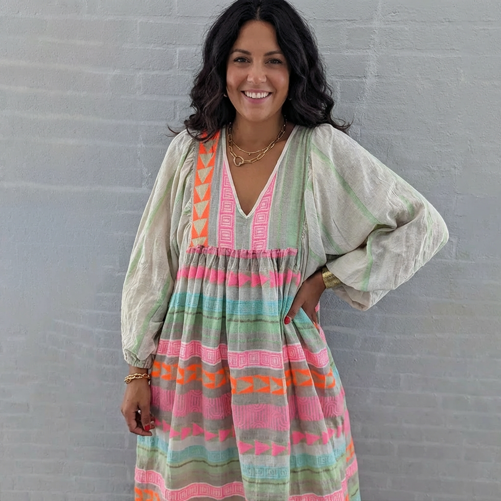 V-Neck Balloon Sleeve Geometric Stripe Boho Tiered Maxi Dress 4