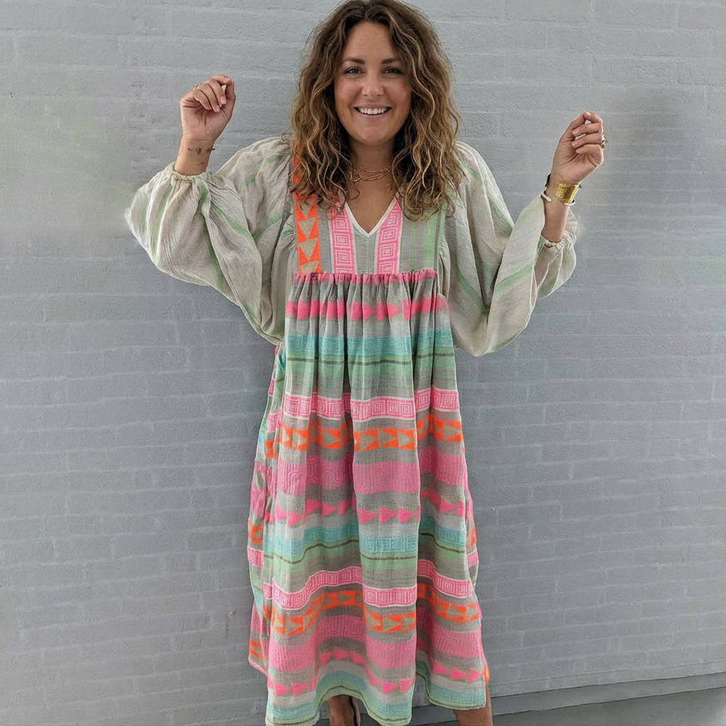 V-Neck Balloon Sleeve Geometric Stripe Boho Tiered Maxi Dress 5