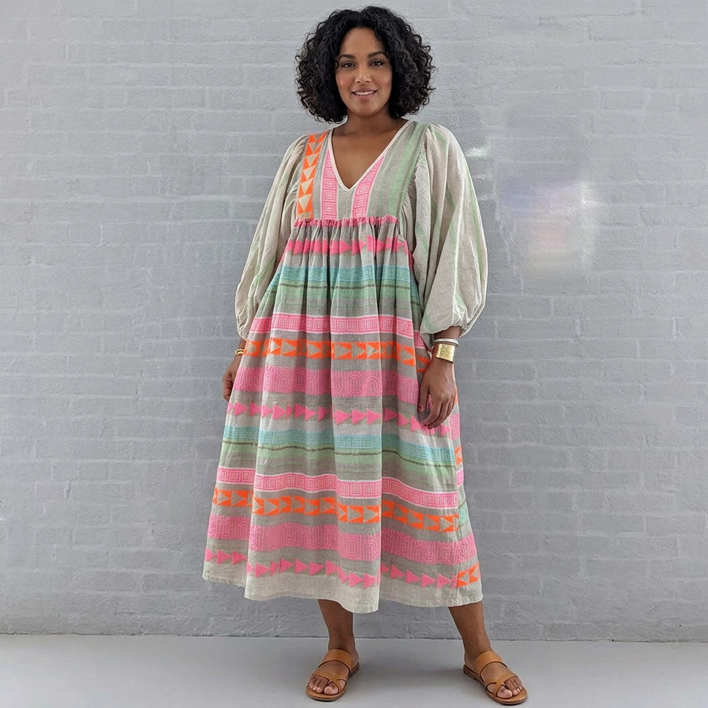 V-Neck Balloon Sleeve Geometric Stripe Boho Tiered Maxi Dress 6