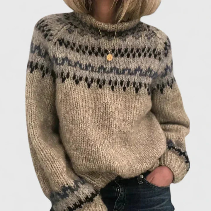 Mock Neck Fair Isle Knit Long Sleeve Sweater
