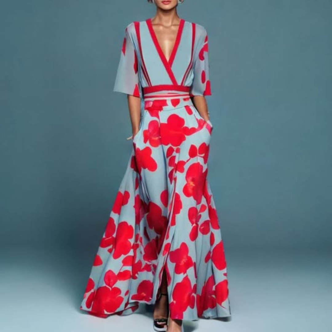 Deep V-Neck Floral Print Half Sleeve A-Line Maxi Dress