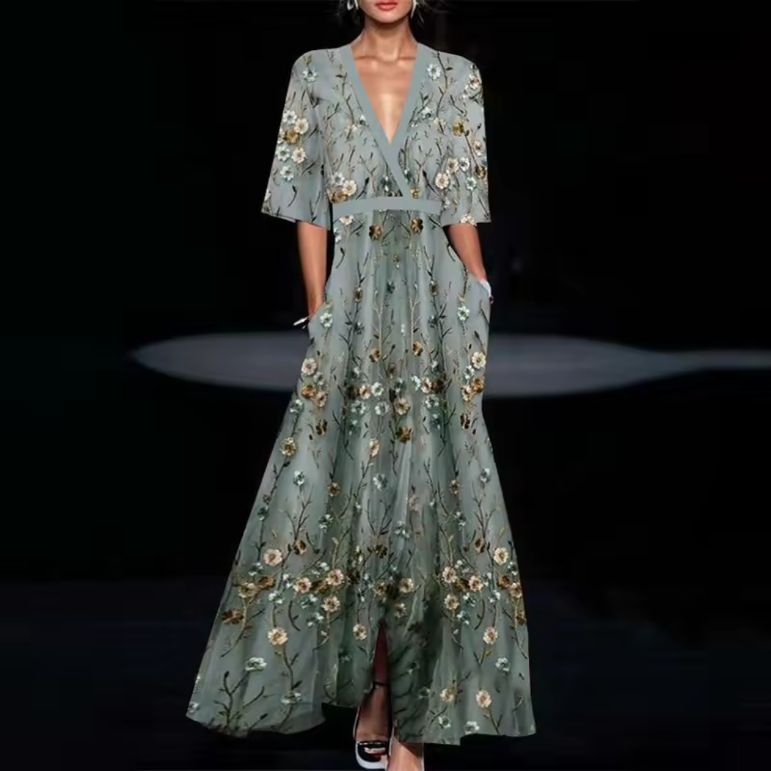 Deep V-Neck Floral Print Half Sleeve A-Line Maxi Dress 5