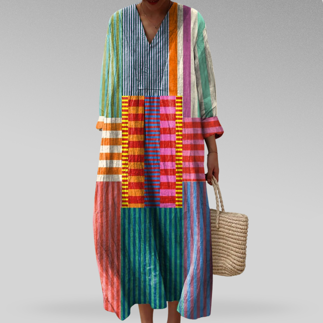 V-Neck Long Sleeve Patchwork Stripe Loose Shift Midi Dress