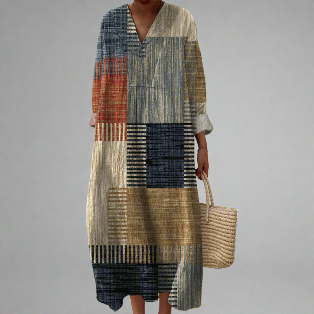 V-Neck Geometric Colorblock Long Sleeve Shift Maxi Dress