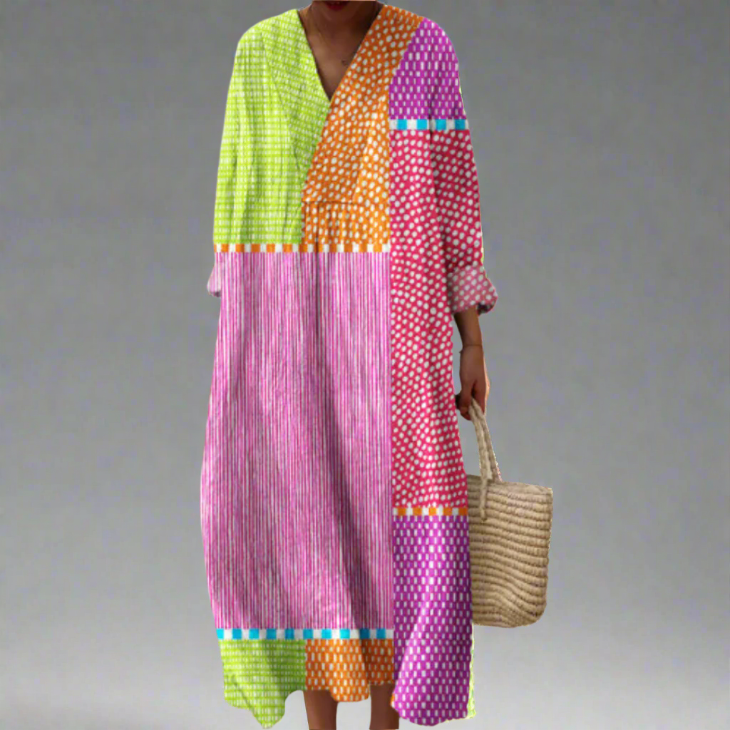 V-Neck Colorblock Patchwork Print Long Sleeve Loose Maxi Dress