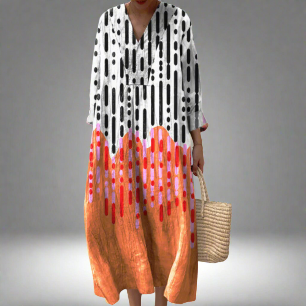 V-Neck Long Sleeve Abstract Geometric Print Loose Maxi Dress