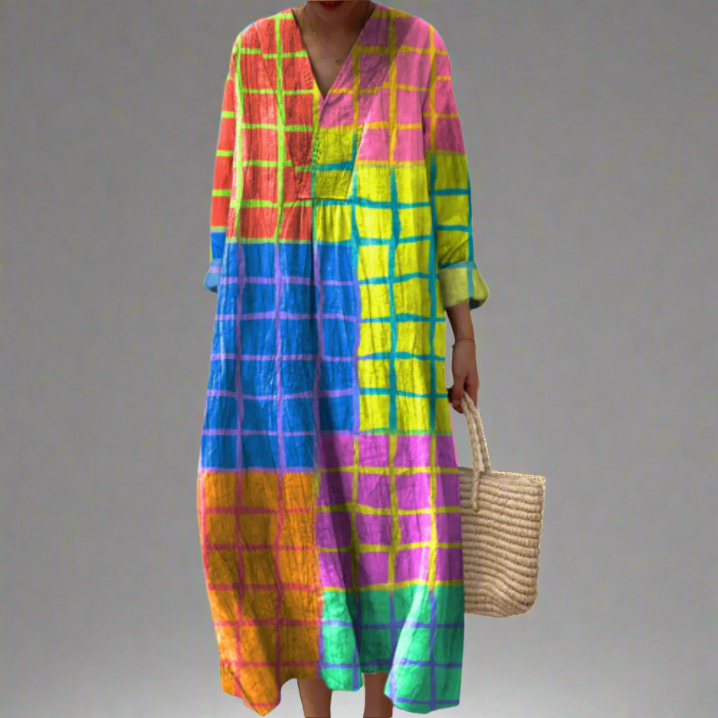 V-Neck Long Sleeve Colorblock Plaid Loose Shift Maxi Dress