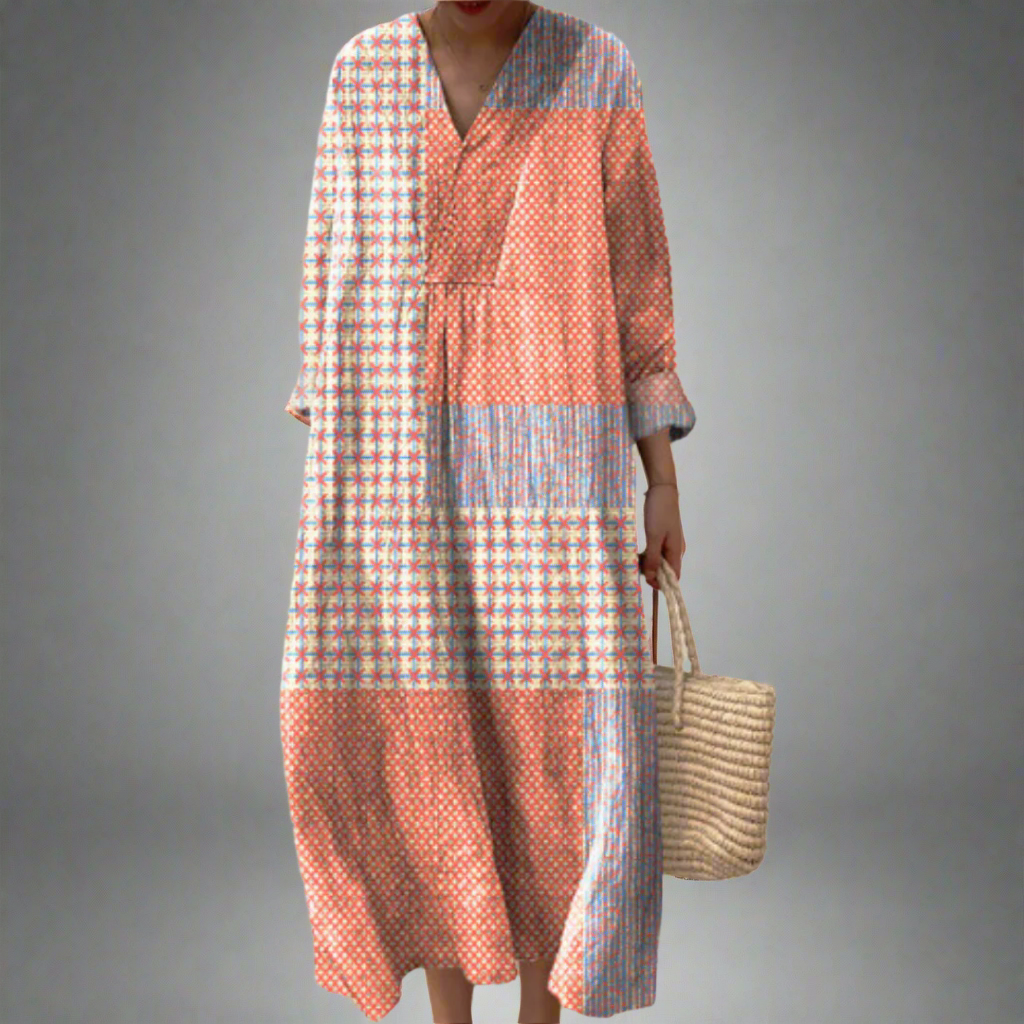 V-Neck Geometric Patchwork Print Long Sleeve Loose Maxi Dress