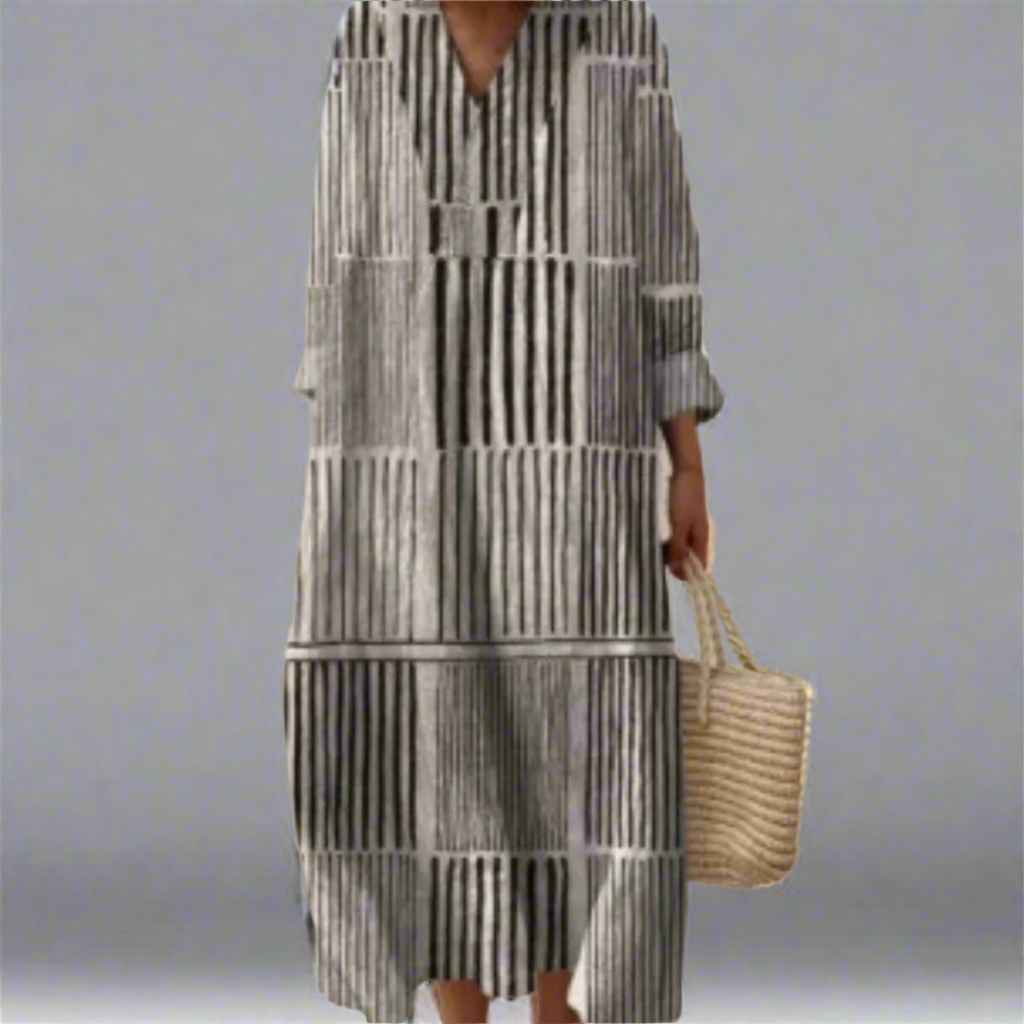 V-Neck Long Sleeve Abstract Stripe Print Loose Maxi Dress