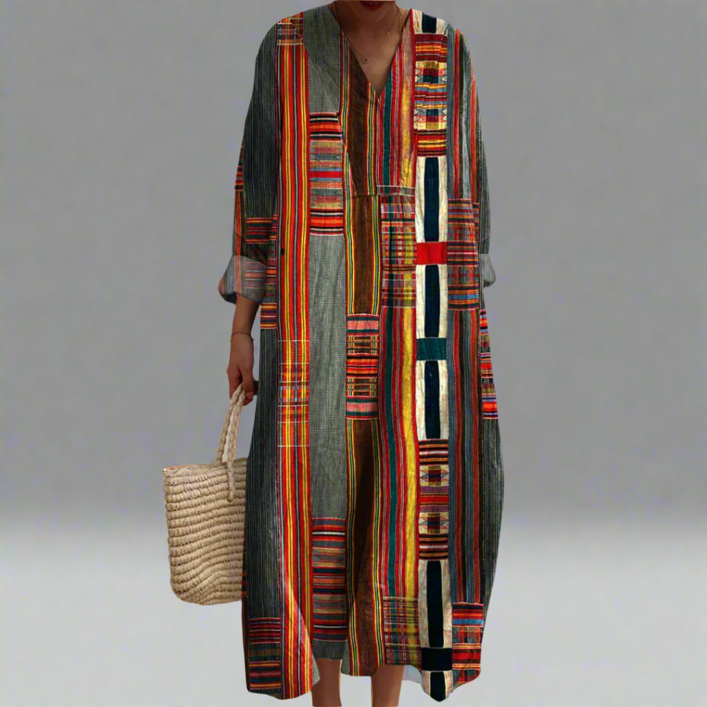 Split Neck Tribal Stripe Print Long Sleeve Loose Maxi Dress