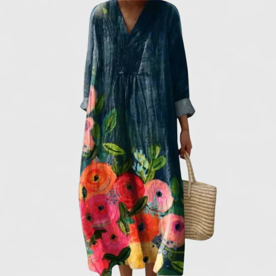 Ocean Blue Floral V-Neck Floral Border Print Long Sleeve Pleated Loose Maxi Dress
