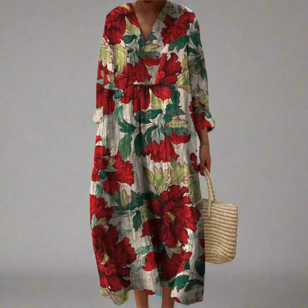 V-Neck Floral Print Long Sleeve Loose Shift Maxi Dress