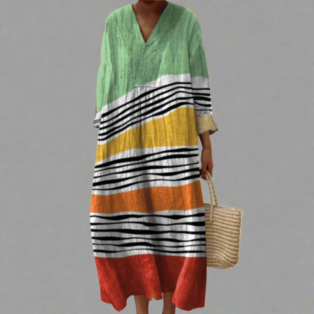 V-Neck Colorblock Striped Long Sleeve Loose Shift Maxi Dress