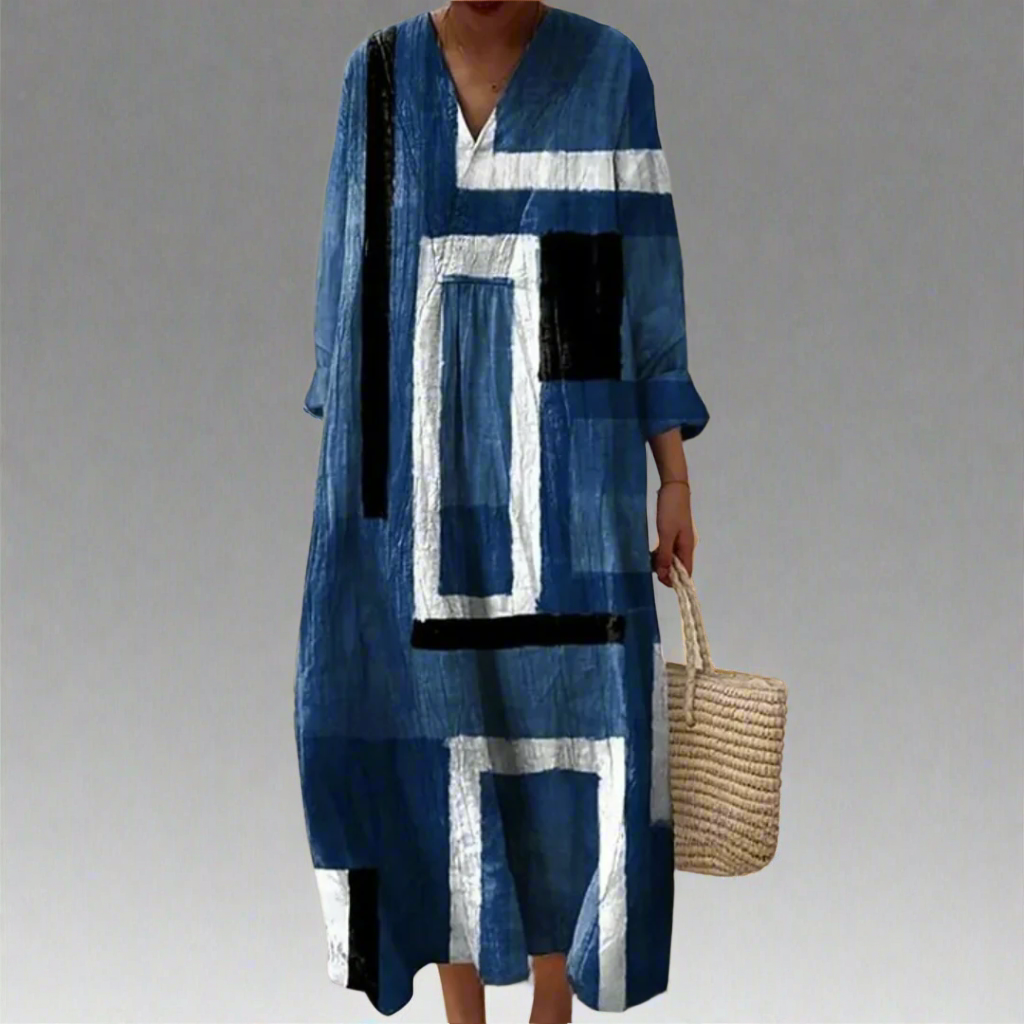 V-Neck Geometric Colorblock Print Long Sleeve Shift Maxi Dress