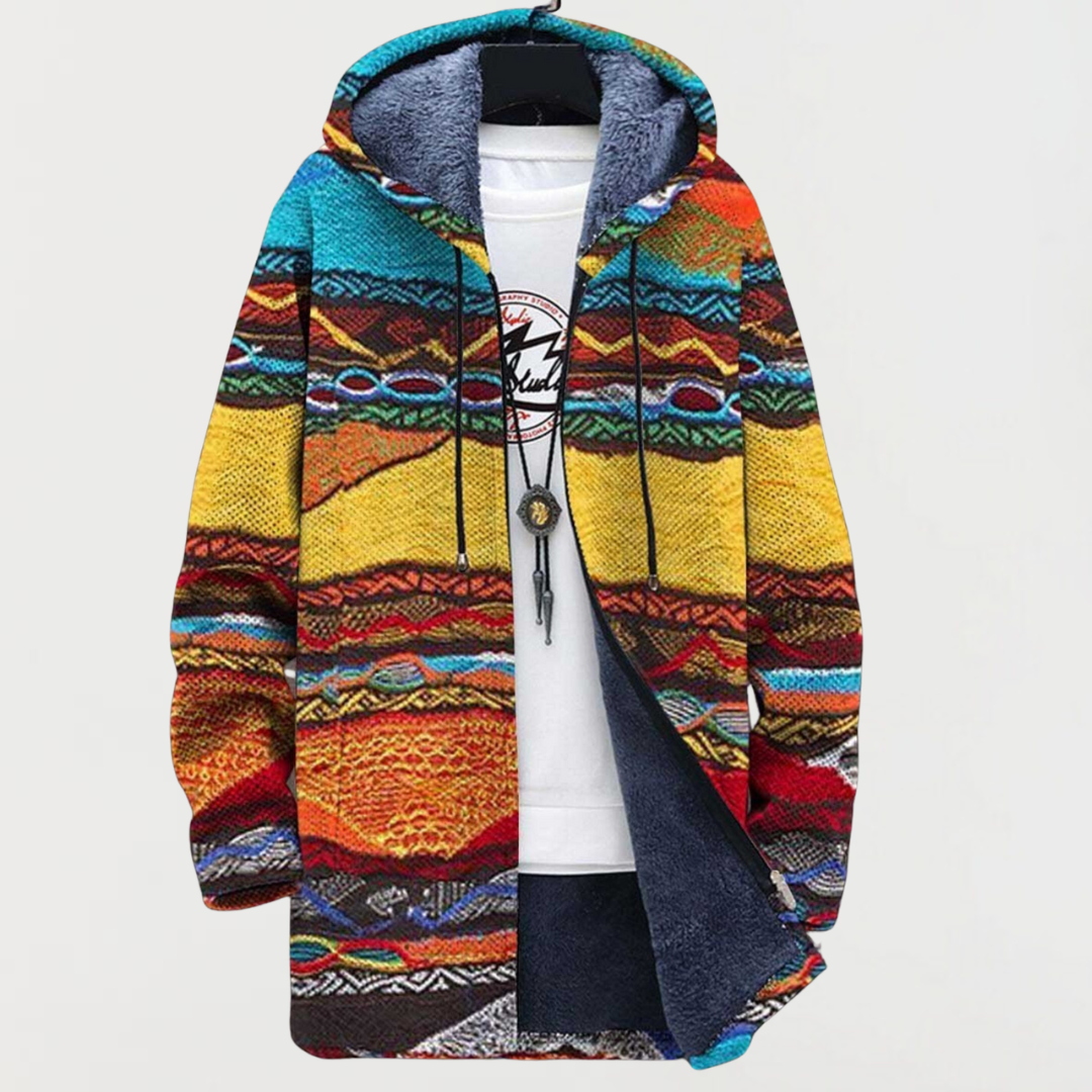 Multicoloured Hooded Ethnic Stripe Print Fleece Lined Zip Coat 2