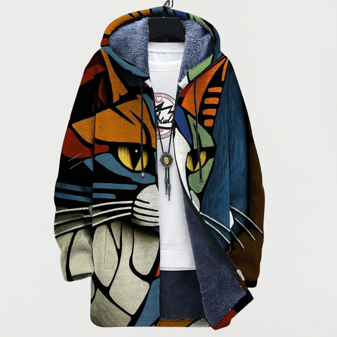 Multicoloured Hooded Fleece Lined Stained Glass Cat Print Knit Coat 2