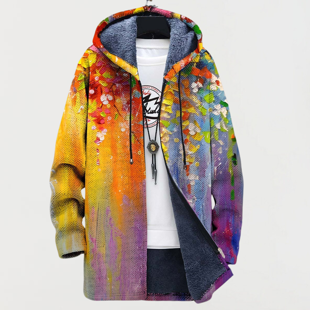 Multicoloured Hooded Rainbow Paint Drip Print Fleece Lined Coat 2