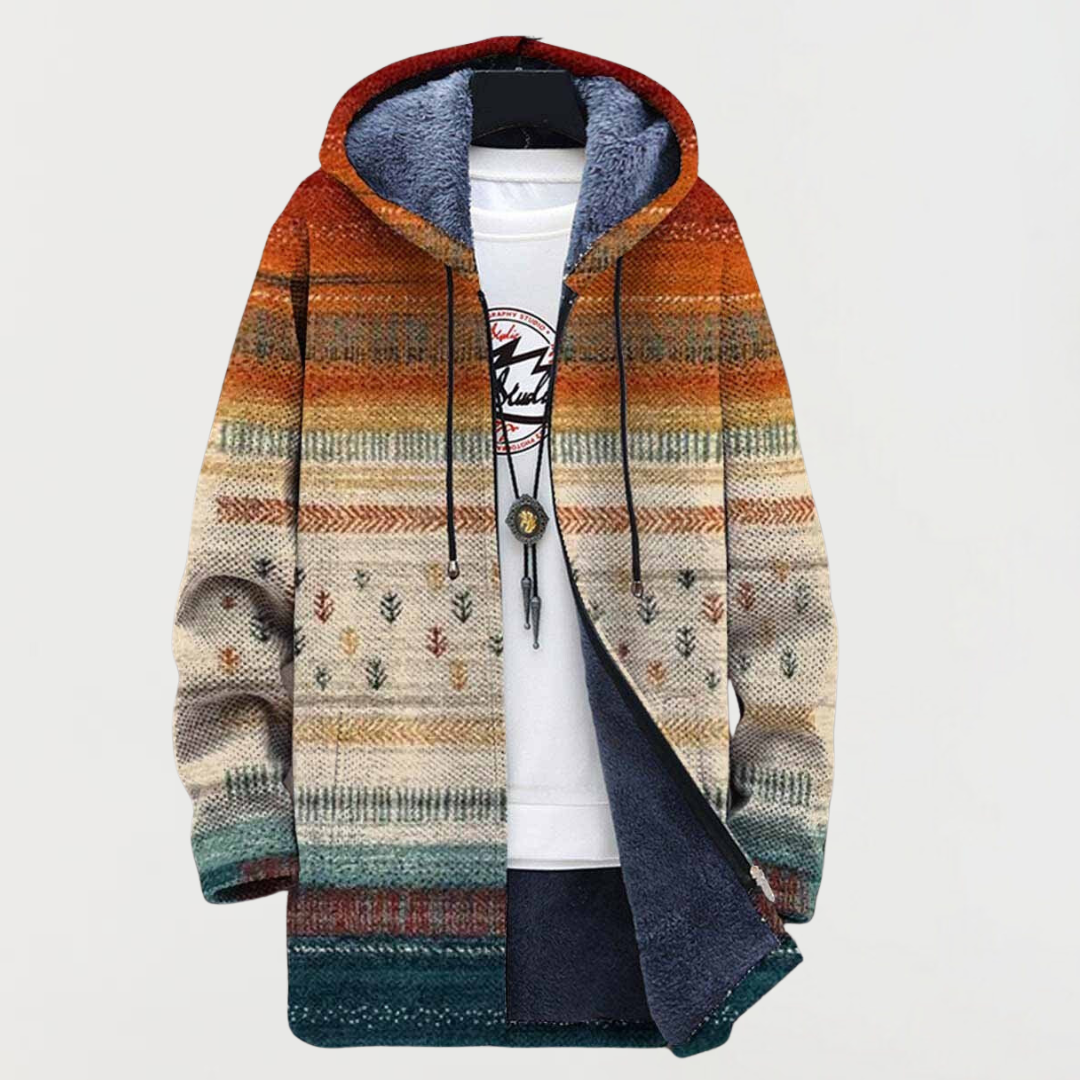 Multicolour Hooded Southwestern Stripe Fleece Lined Zip Coat