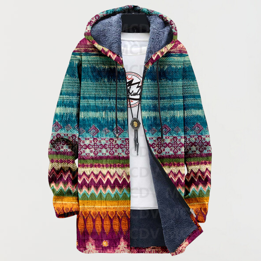 Multicoloured Hooded Aztec Chevron Print Fleece Lined Zip Coat