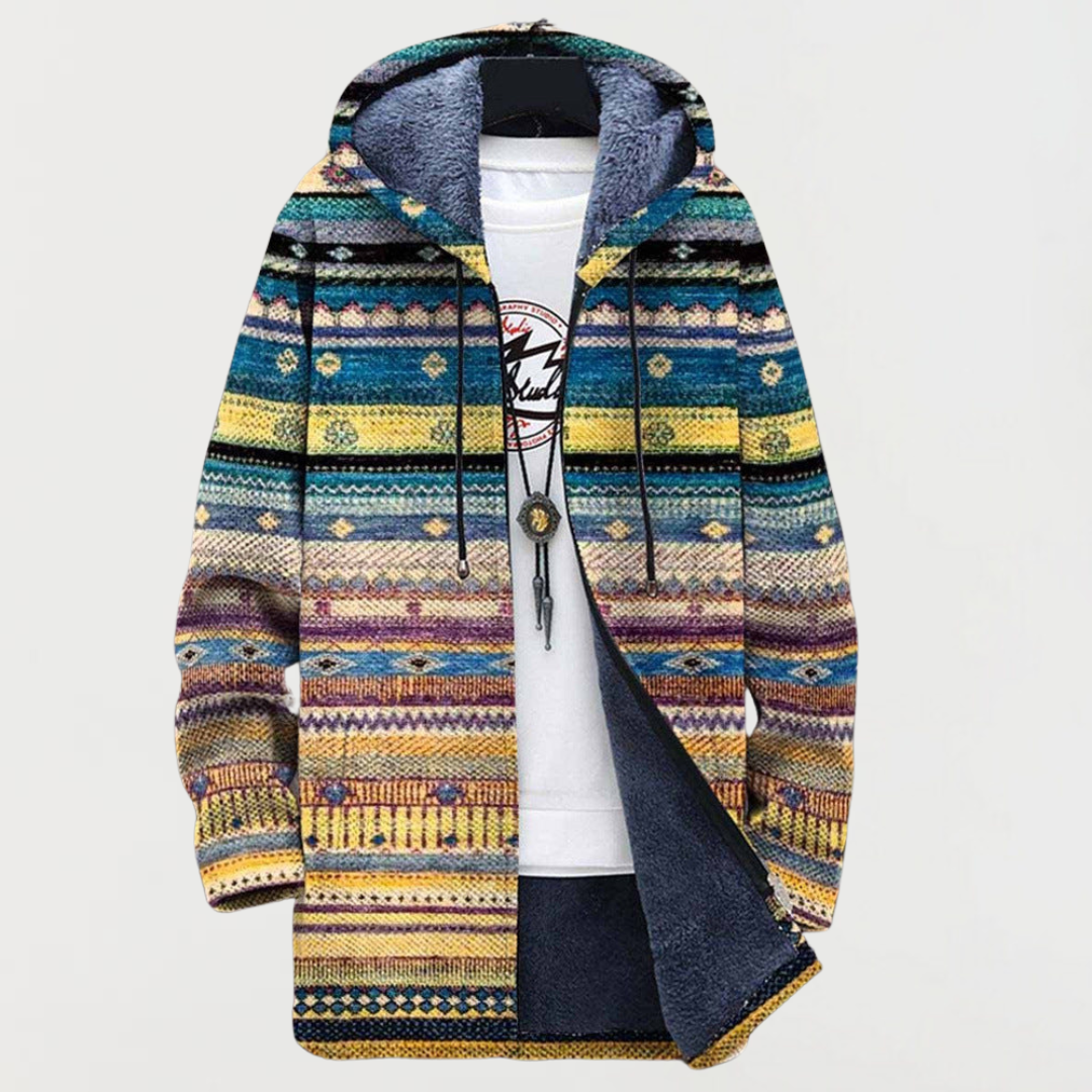 Multicoloured Hooded Geometric Stripe Fleece Lined Zip Coat 2