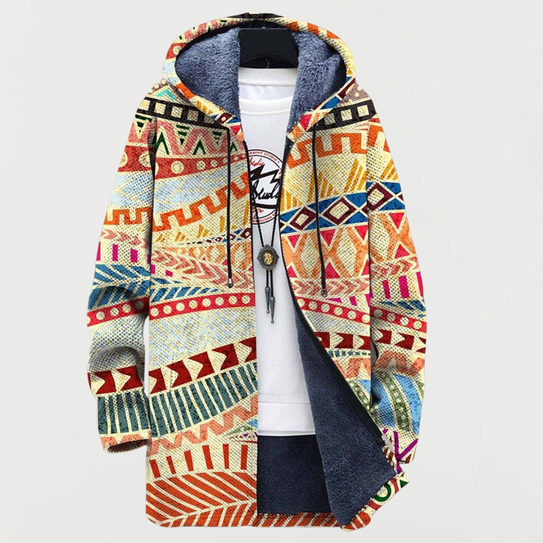 Multicoloured Hooded Aztec Geometric Print Fleece-Lined Zip Front Coat