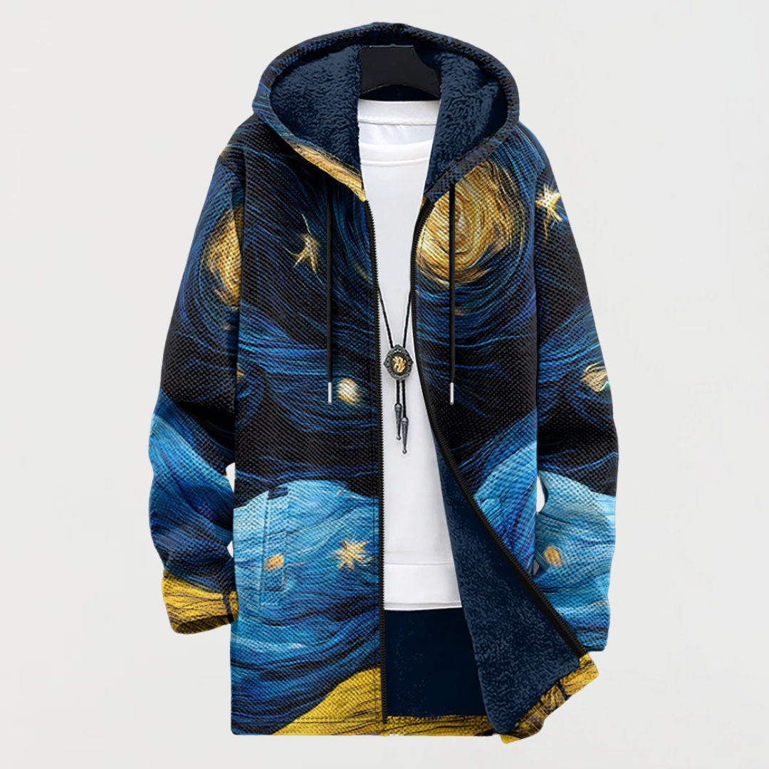 Multicoloured Hooded Starry Night Print Zip-Front Fleece Coat 2