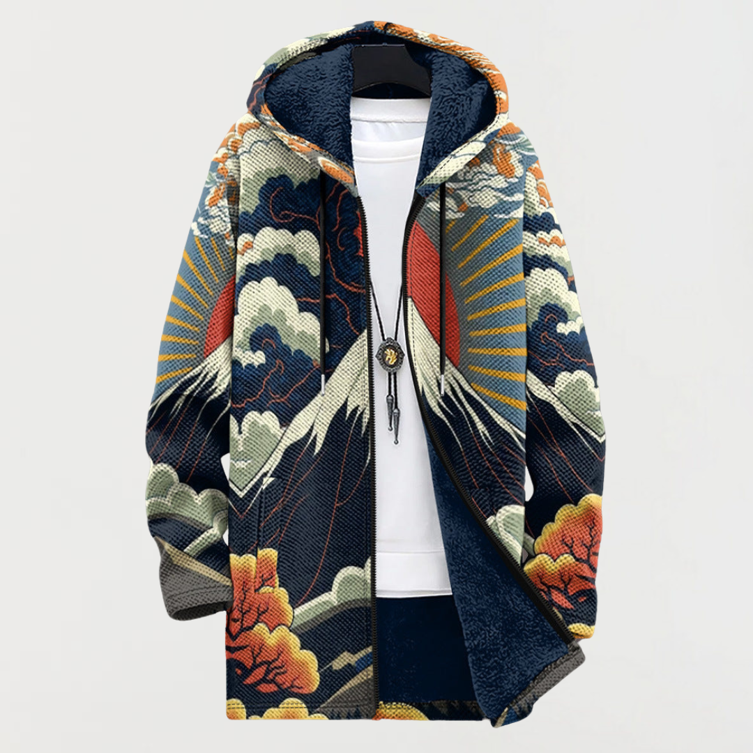 Multicoloured Hooded Fleece Lined Japanese Landscape Print Knit Coat