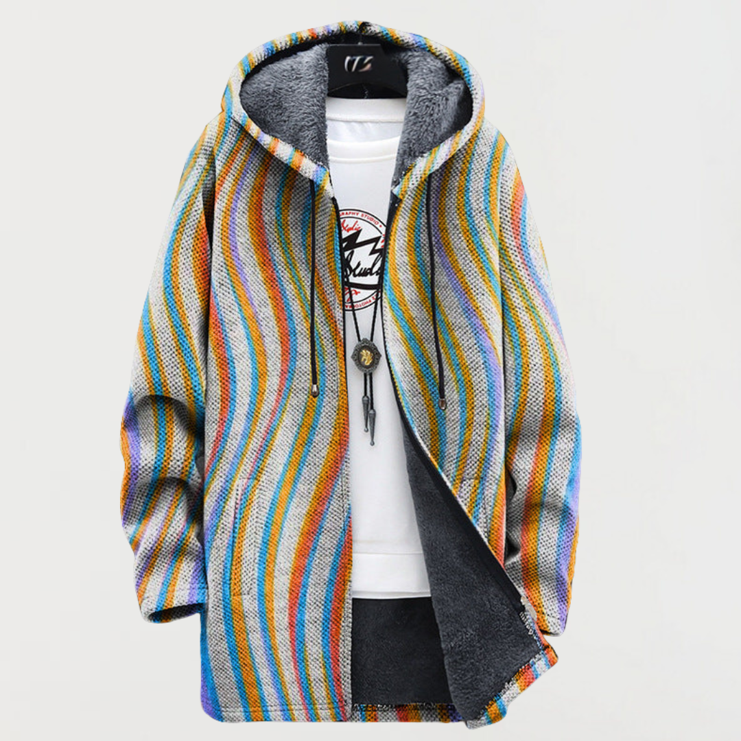 Multicolour Hooded Wavy Stripe Fleece-Lined Zip Front Coat